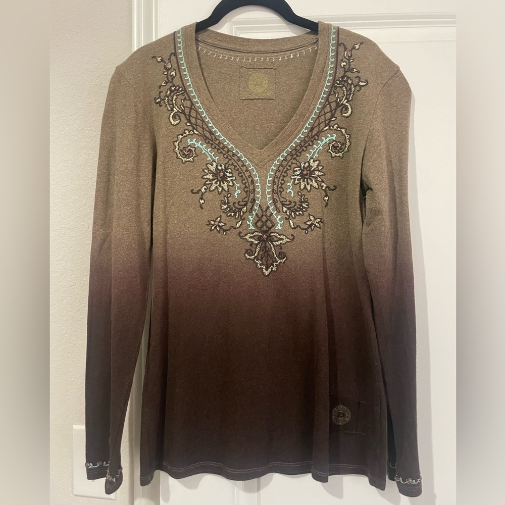 Double D Ranch Brown Embroidered V-Neck Women's Top